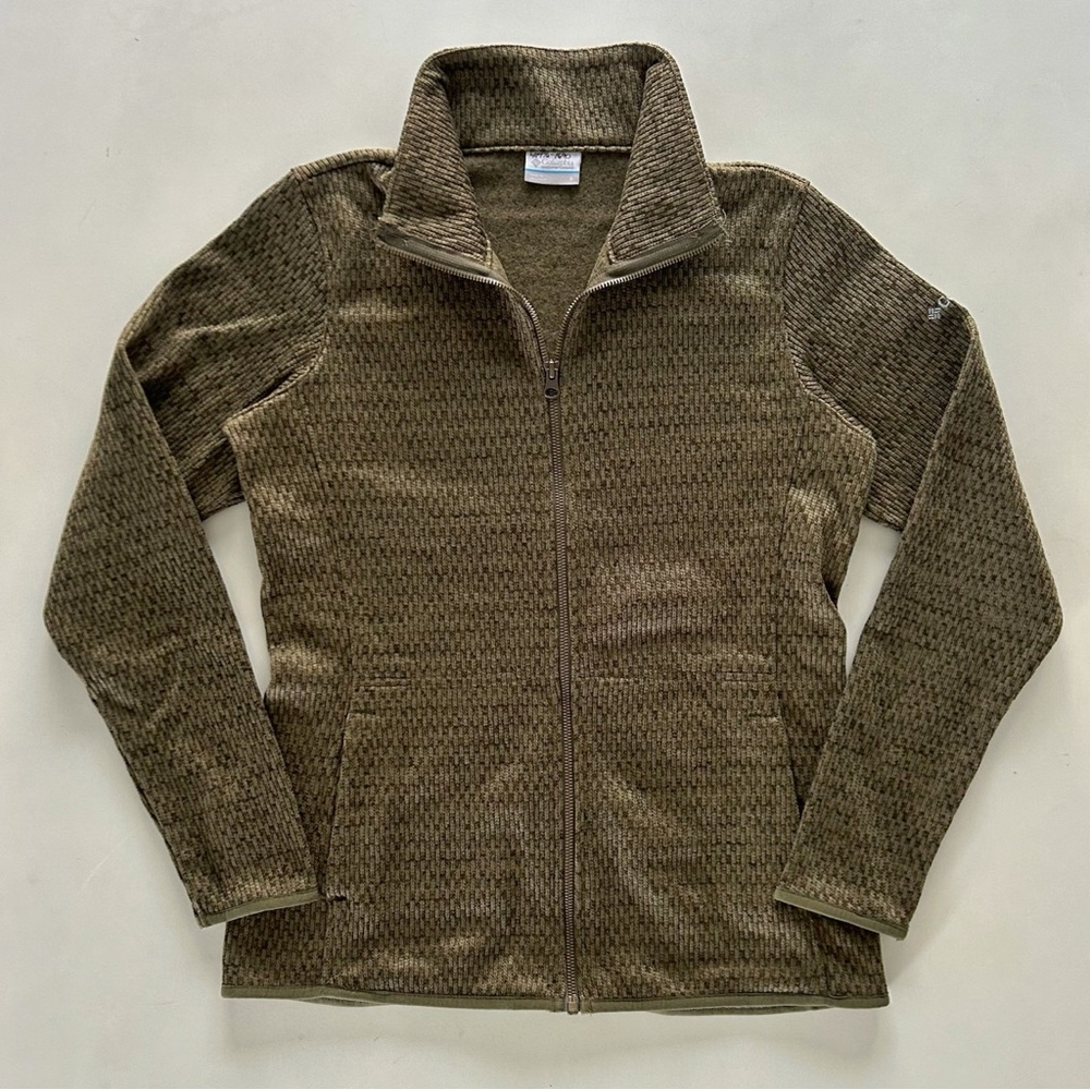 Columbia Olive Green Ribbed Full Zip Fleece Jacket Heathered Size S Spring Layer